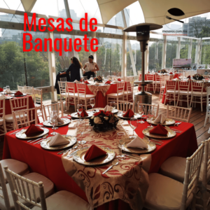 Mesa Tradicional para banquete completa mantel rojo y camino de mesa dorado, silla tiffany